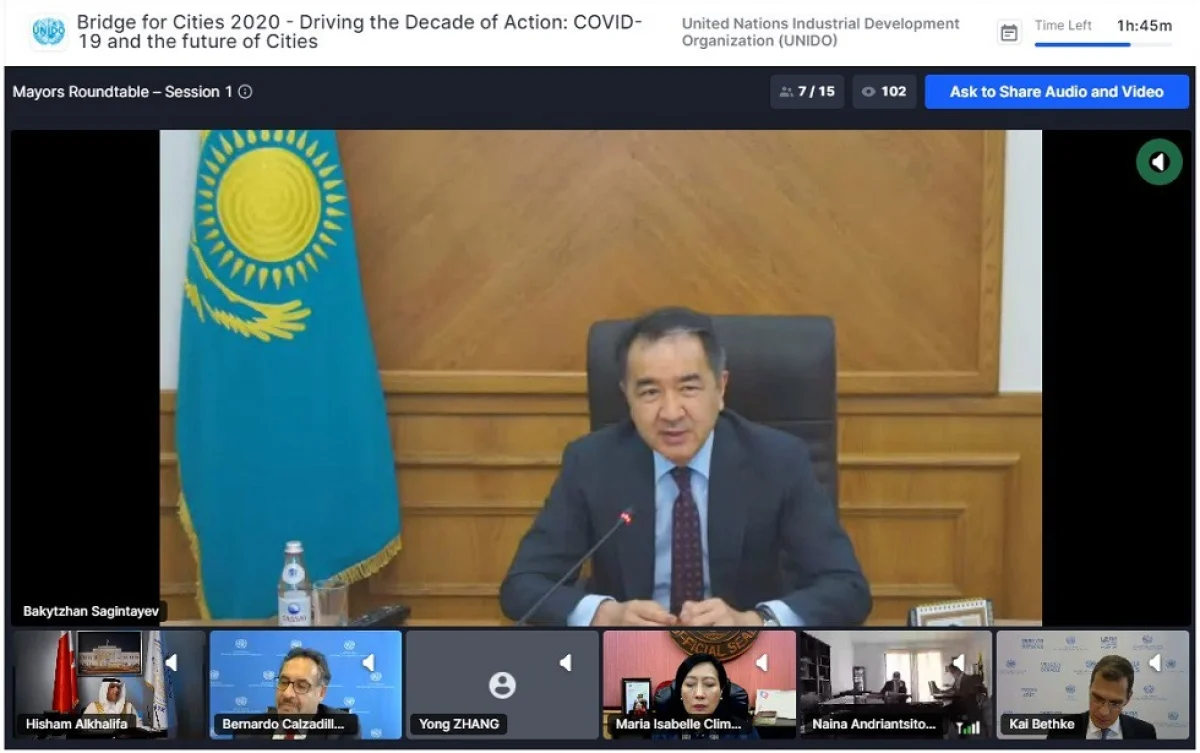 Бакытжан Сагинтаев принял участие в онлайн-форуме UNIDO BRIDGE for Cities-2020